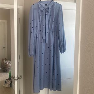 Super Cute blue dress with black heart and tie neck line!